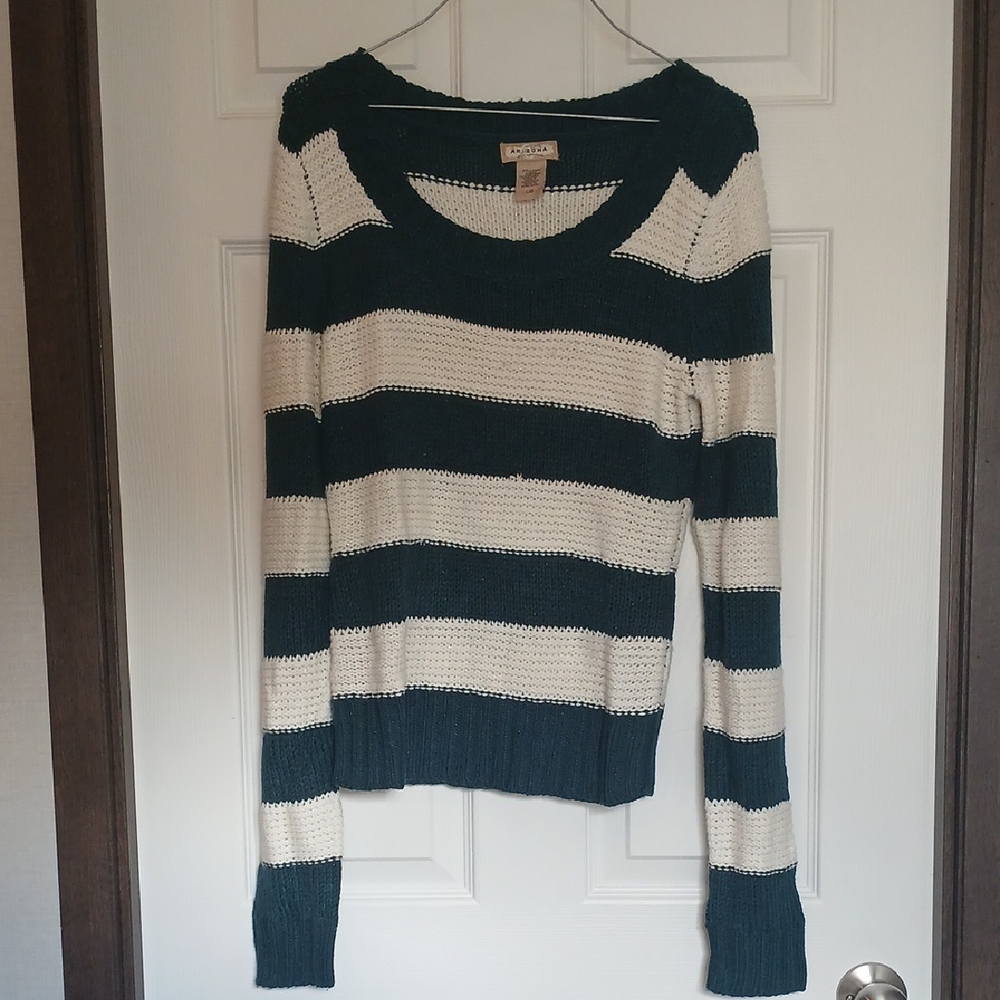 Arizona Jean Company Green and Cream Striped Sweater